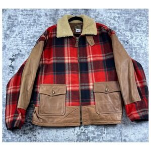 Vintage Avirex Flight Jacket Mens 2XL Red Plaid Wool Leather Sleeves Shearling